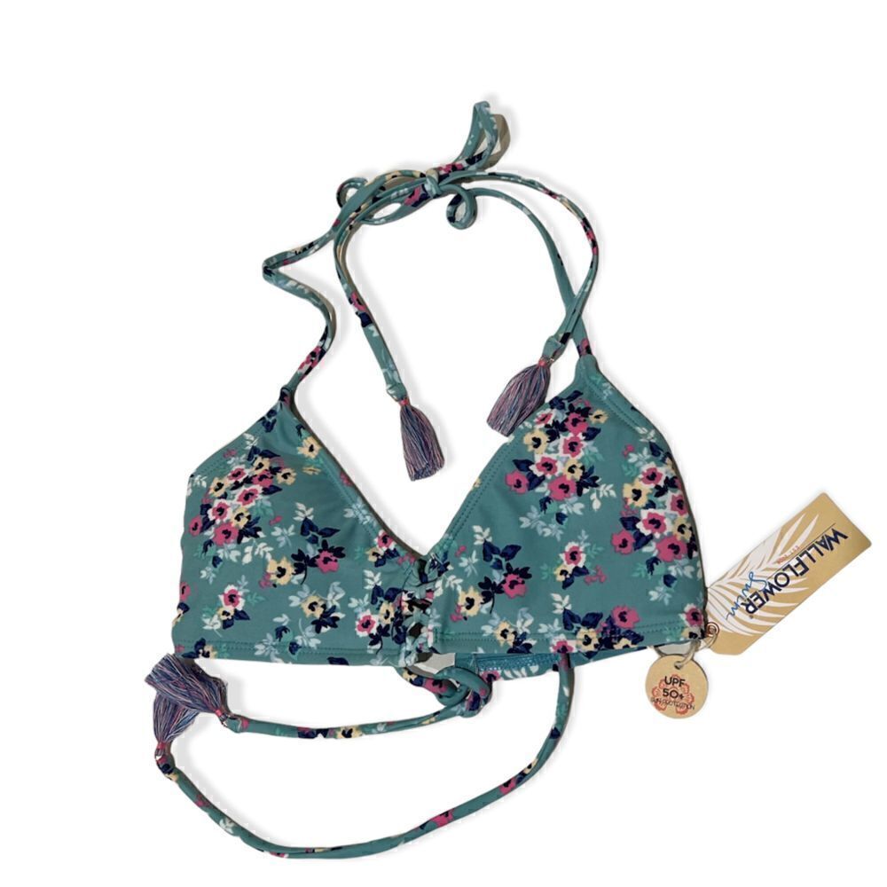 Wildflower Swim Top Teal Halter Tassels Floral Small cherry blossoms